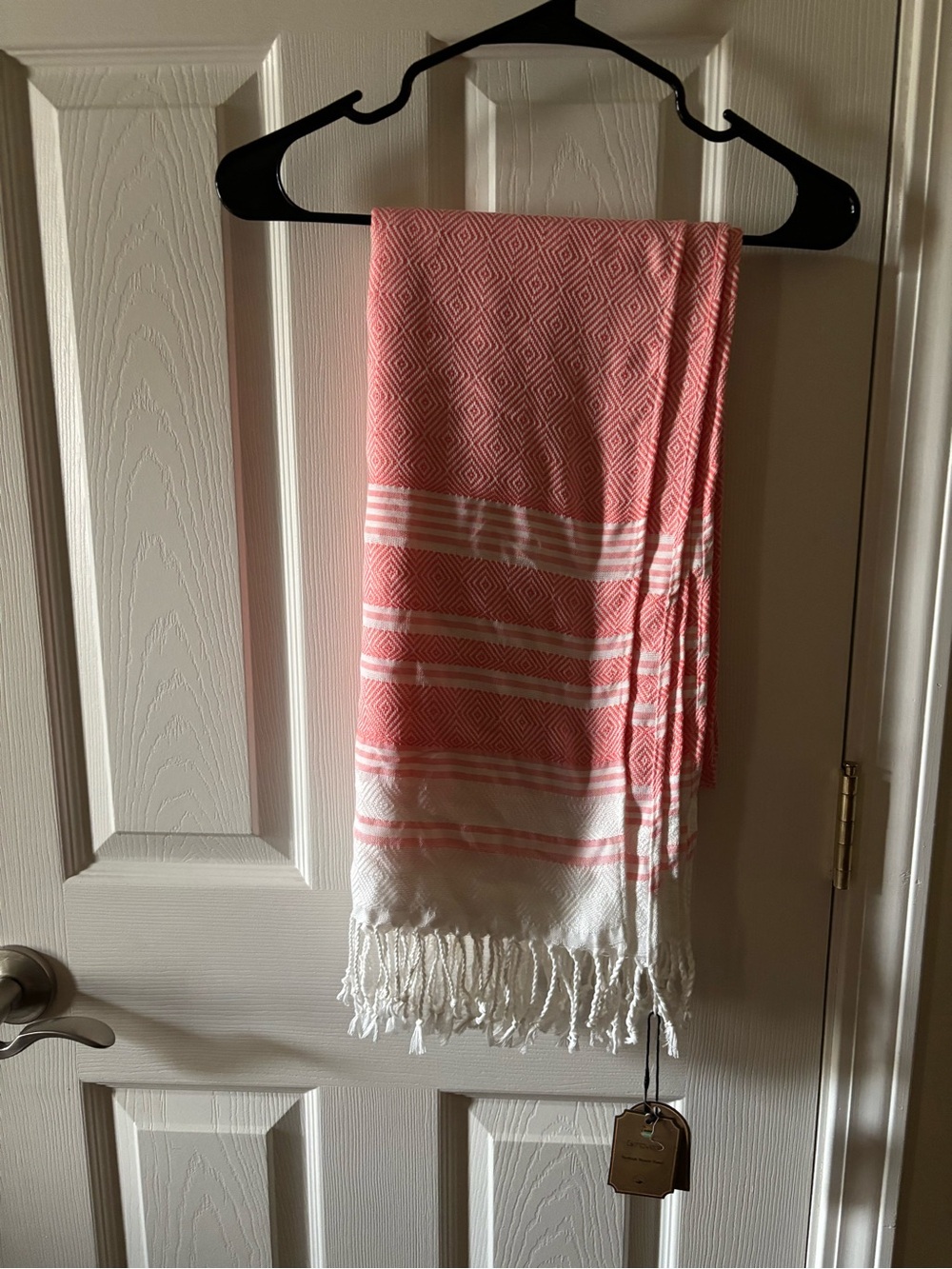 Coral and White Woven Turkish towel with Geometric Pattern new with tags